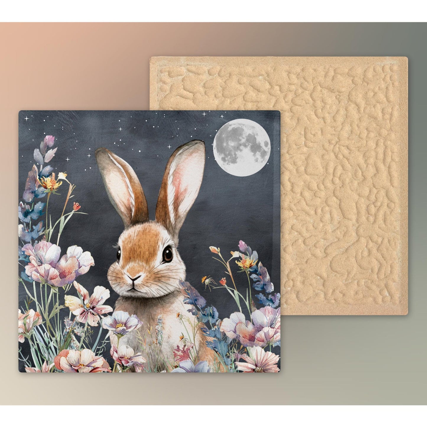 Midnight Easter Bunny Ceramic Art Tile, Whimsical Spring Wall Decor, Perfect for Farmhouse Aesthetics, Rabbit Art