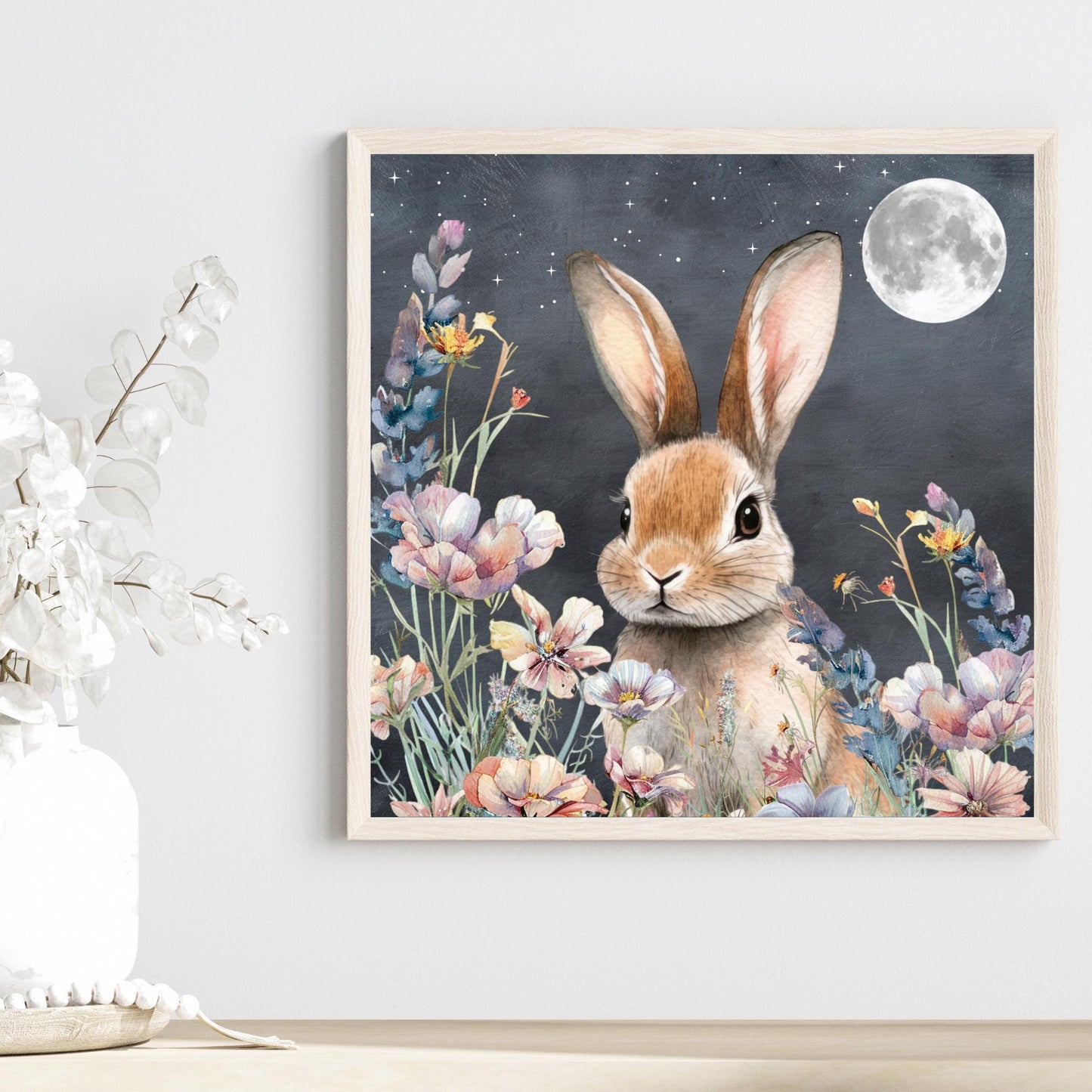 Midnight Easter Bunny Ceramic Art Tile, Whimsical Spring Wall Decor, Perfect for Farmhouse Aesthetics, Rabbit Art