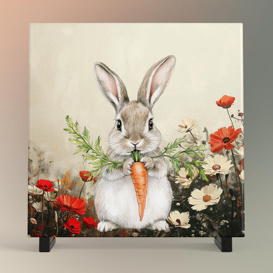 Easter Bunny Print Cute Easter Rabbit Neutral Spring Flower Easter Bunny & Carrot Nursery Wall Art Easter Vintage Decor Rabbit Art Tile