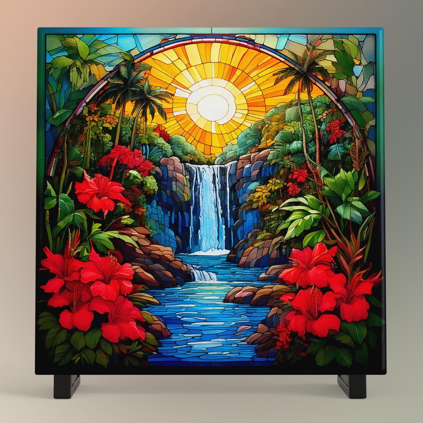 Coastal Art Ceramic Tile, Art Nouveau Tropical Waterfall Print with Colorful Red Flowers, Stained Glass Effect Nature Artwork