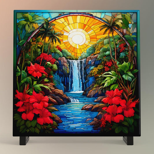 Coastal Art Ceramic Tile, Art Nouveau Tropical Waterfall Print with Colorful Red Flowers, Stained Glass Effect Nature Artwork