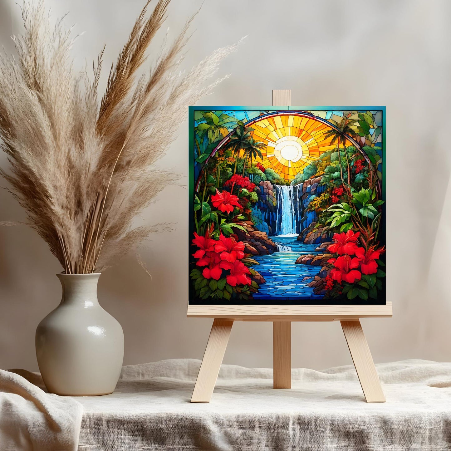 Coastal Art Ceramic Tile, Art Nouveau Tropical Waterfall Print with Colorful Red Flowers, Stained Glass Effect Nature Artwork