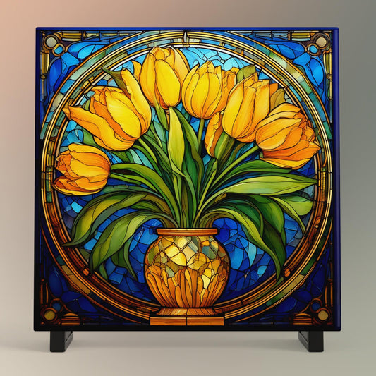 Art Nouveau Flowers Ceramic Art Tile, Handcrafted Decorative Tile for Elegant Home Decor, Unique Gift for Art Lovers, Art Deco Yellow Tulips