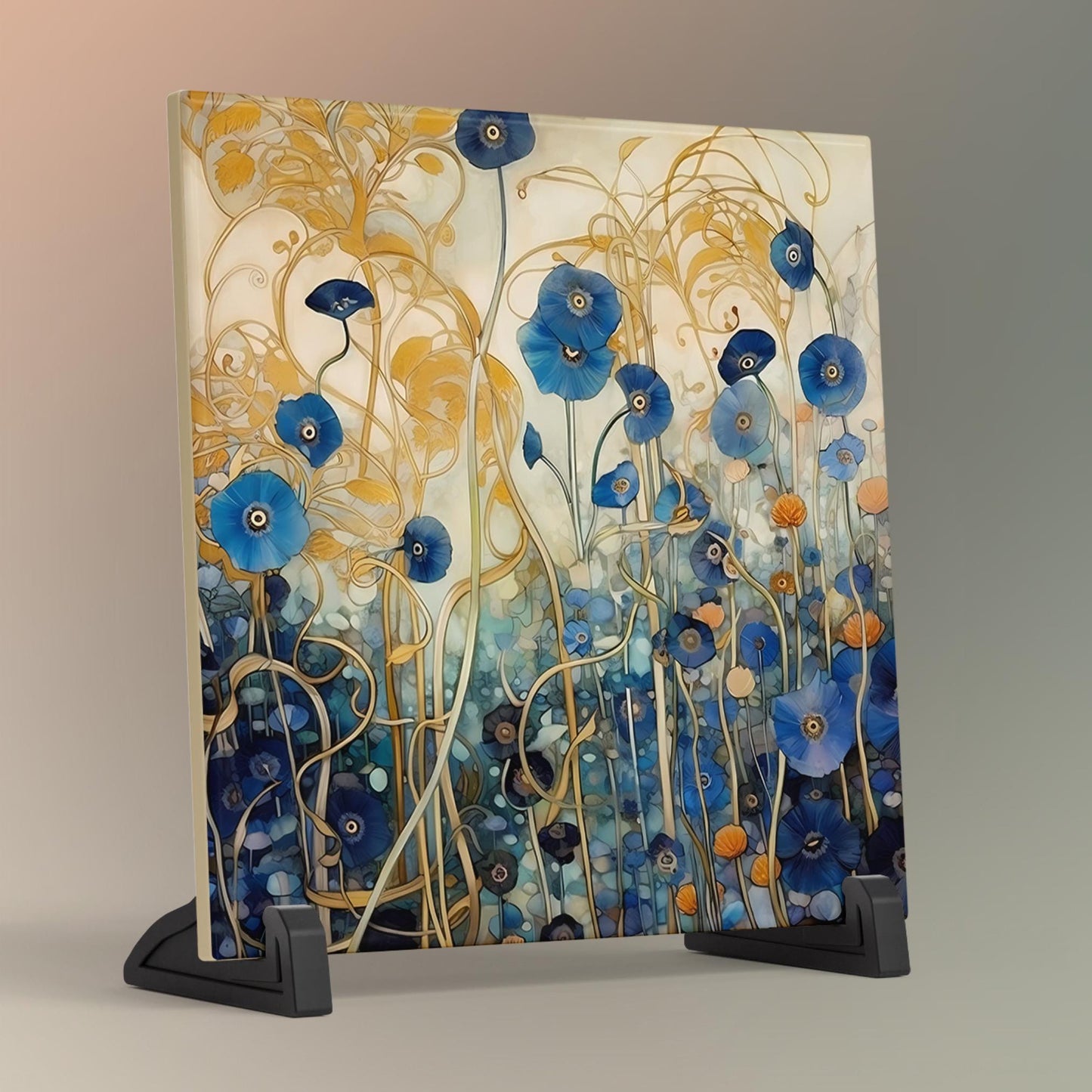 Klimt Inspired Ceramic Tile Wall Art, Abstract Floral Art Print,  Art Nouveau Blue Poppies Wall Hanging -  Art Print Ready to Display