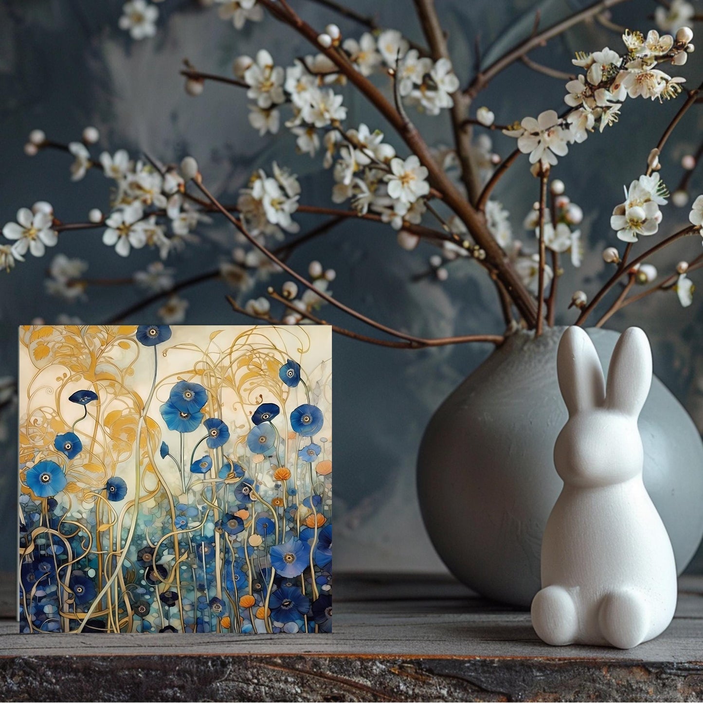 Klimt Inspired Ceramic Tile Wall Art, Abstract Floral Art Print,  Art Nouveau Blue Poppies Wall Hanging -  Art Print Ready to Display