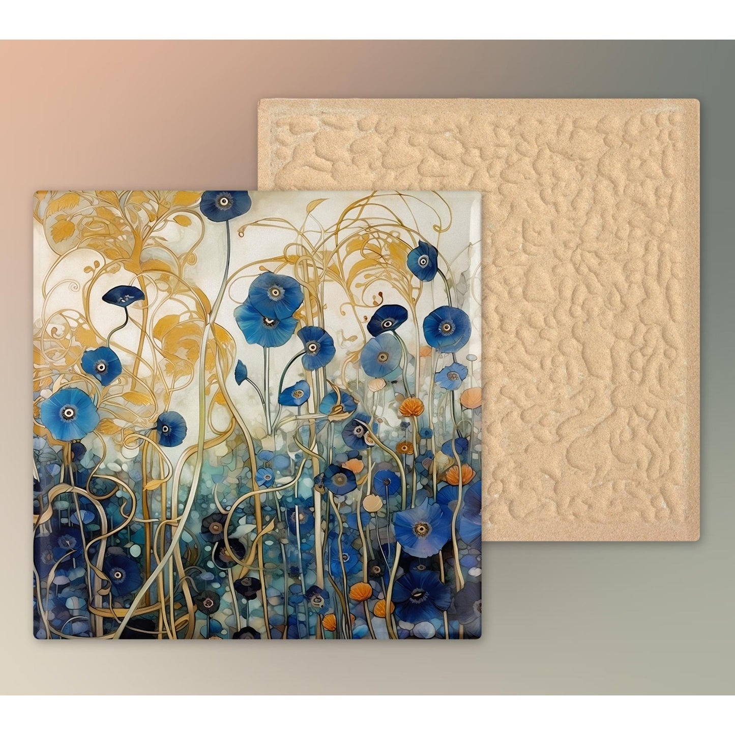 Klimt Inspired Ceramic Tile Wall Art, Abstract Floral Art Print,  Art Nouveau Blue Poppies Wall Hanging -  Art Print Ready to Display
