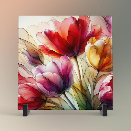Colorful Tulips Ceramic Art Tile, Handcrafted Decorative Tile for Elegant Home Decor, Unique Gift for Art Lovers, Alcohol Ink Flowers
