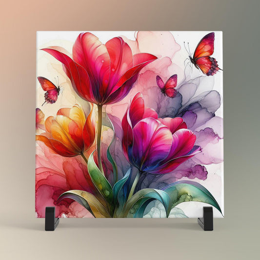 Colorful Tulips Ceramic Art Tile, Handcrafted Decorative Tile for Elegant Home, Nature Lovers Art,  Alcohol Ink Flowers, Spring Decor