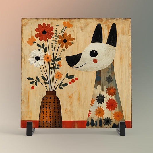 Quirky Dog Wall Art Ceramic Tile -  Vintage Dog with Flowers in a Vase Art, Funky Dog Decor for Stylish Spaces, Art for Small Spaces