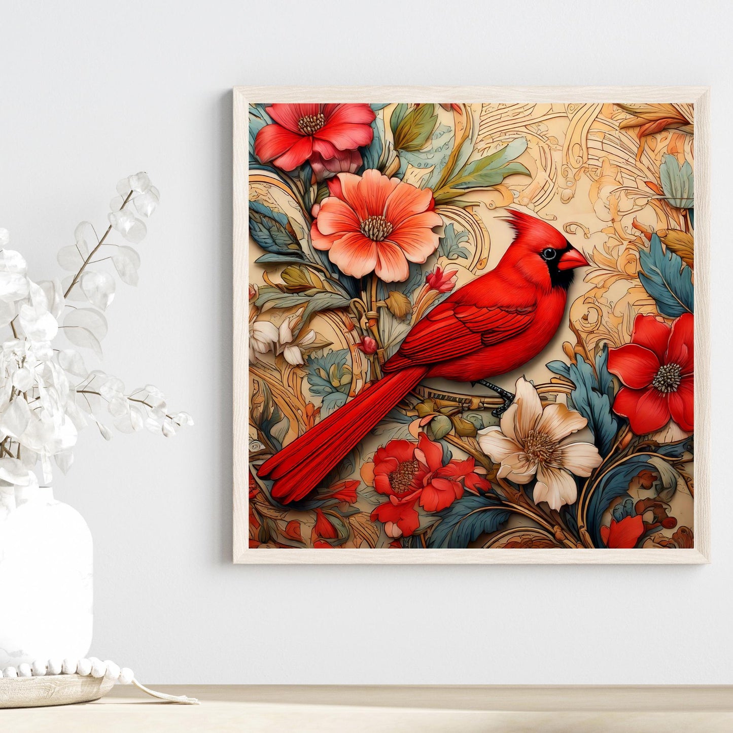 Elegant Red Cardinal Ceramic Art Tile Inspired by William Morris | Art Nouveau Wall Decor | Classic Style | Perfect Gift for Bird Lover
