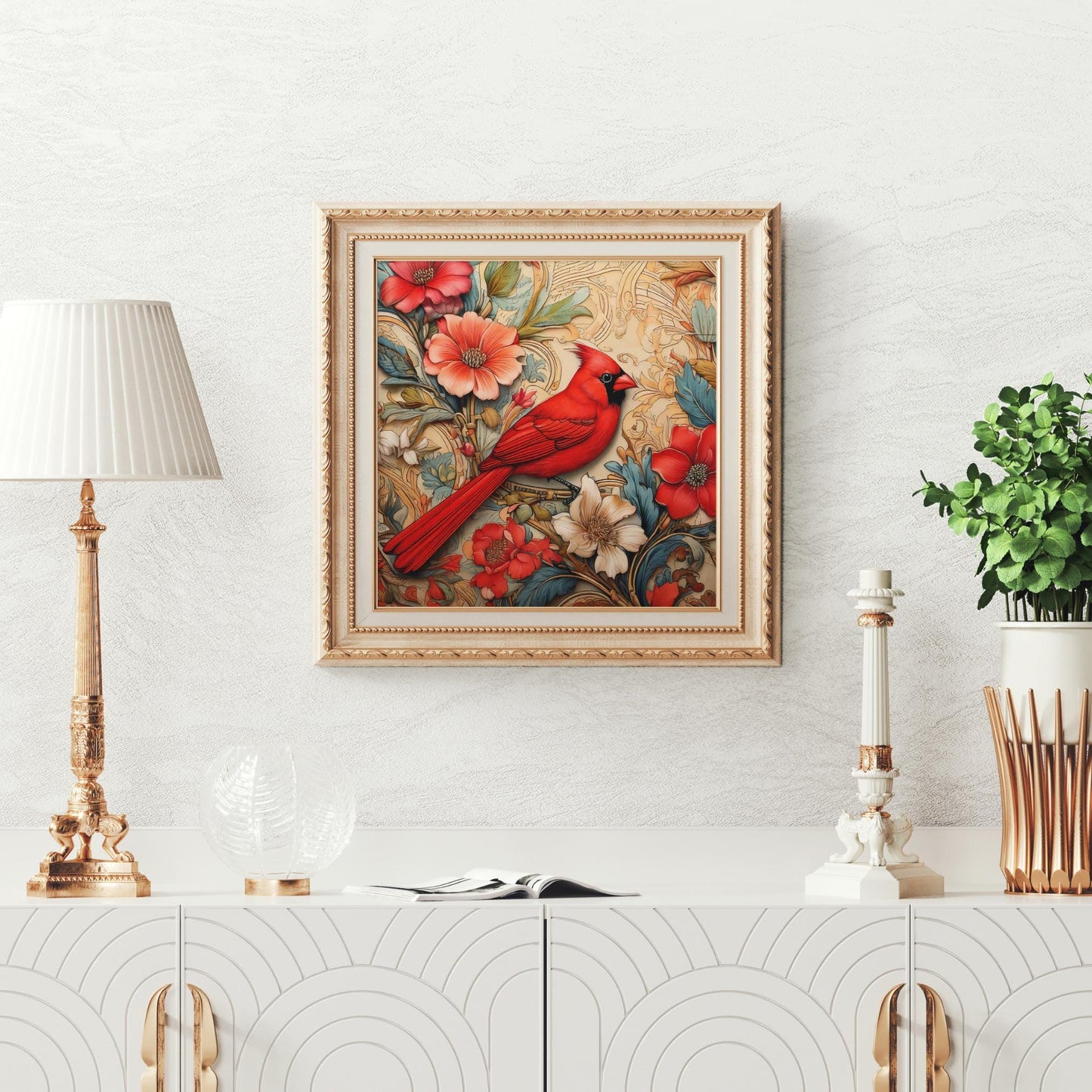 Elegant Red Cardinal Ceramic Art Tile Inspired by William Morris | Art Nouveau Wall Decor | Classic Style | Perfect Gift for Bird Lover