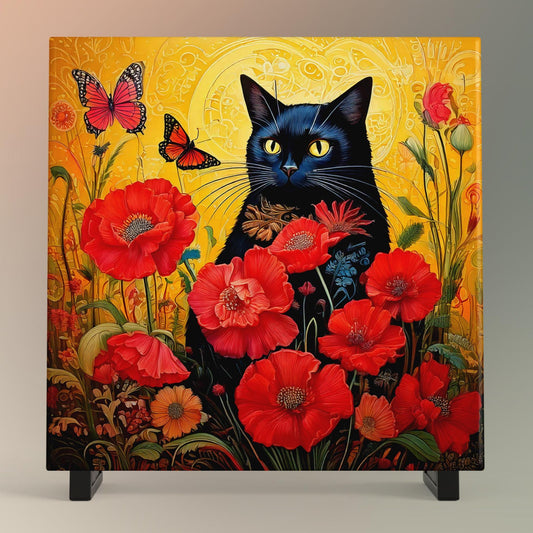Black Cat Ceramic Art Tile | Art Nouveau Style |  Beautiful Red Poppies | Floral Art | Ideal Gift for Cat Enthusiasts | Art Deco Home Decor