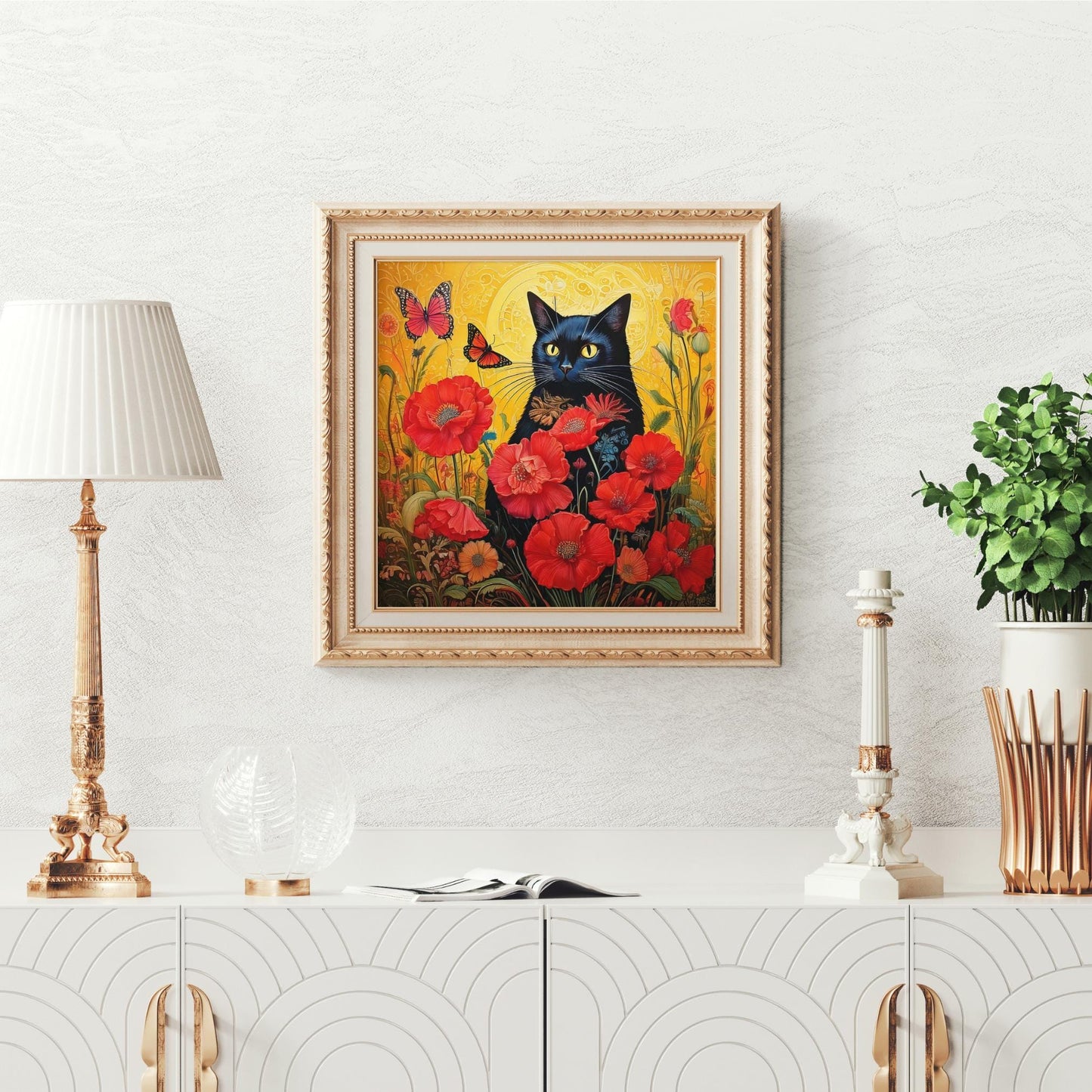 Black Cat Ceramic Art Tile | Art Nouveau Style |  Beautiful Red Poppies | Floral Art | Ideal Gift for Cat Enthusiasts | Art Deco Home Decor