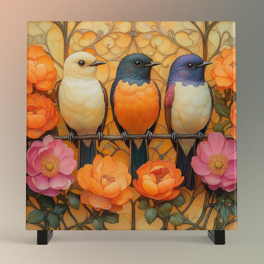 Colorful Birds and Flowers Tile Art, Whimsical Art Nouveau Decor for Bird Enthusiasts, Ideal Nature-Inspired Gift