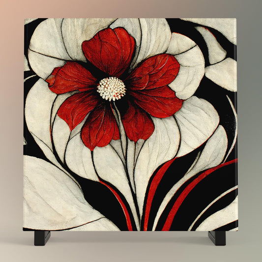 Tropical Flower Art Nouveau Tile, Beautiful Black and Red Art Deco Home Decor, Unique Gift for Art Lovers