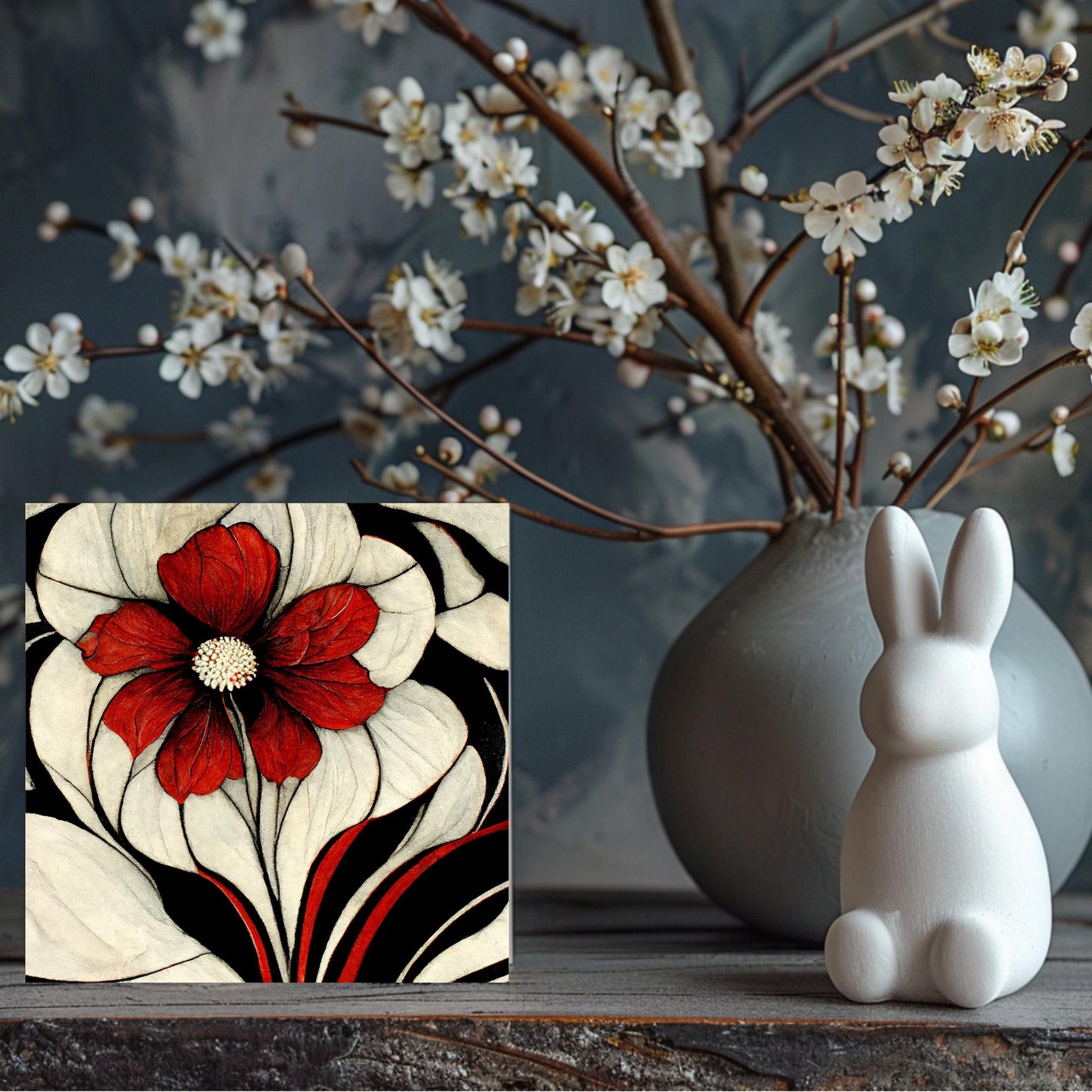 Tropical Flower Art Nouveau Tile, Beautiful Black and Red Art Deco Home Decor, Unique Gift for Art Lovers