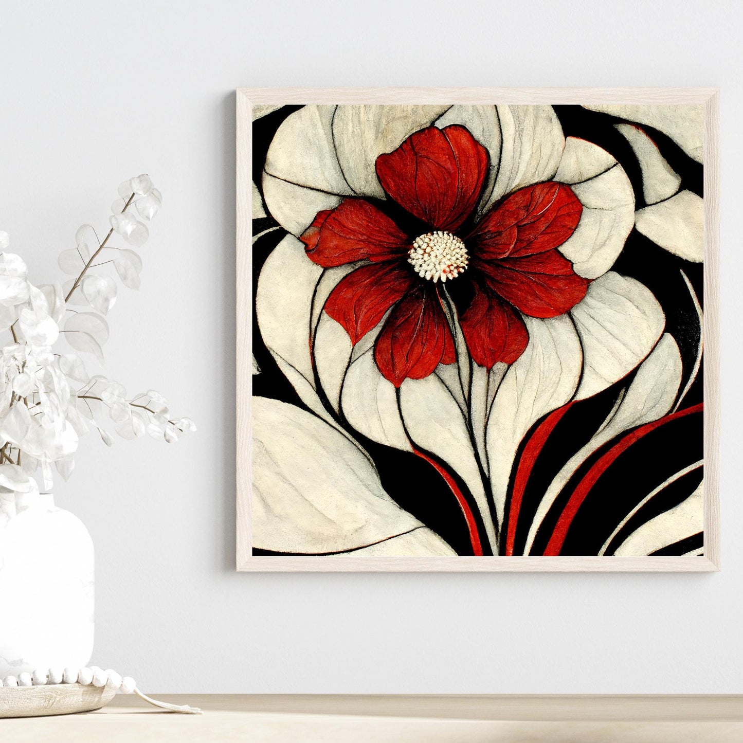 Tropical Flower Art Nouveau Tile, Beautiful Black and Red Art Deco Home Decor, Unique Gift for Art Lovers