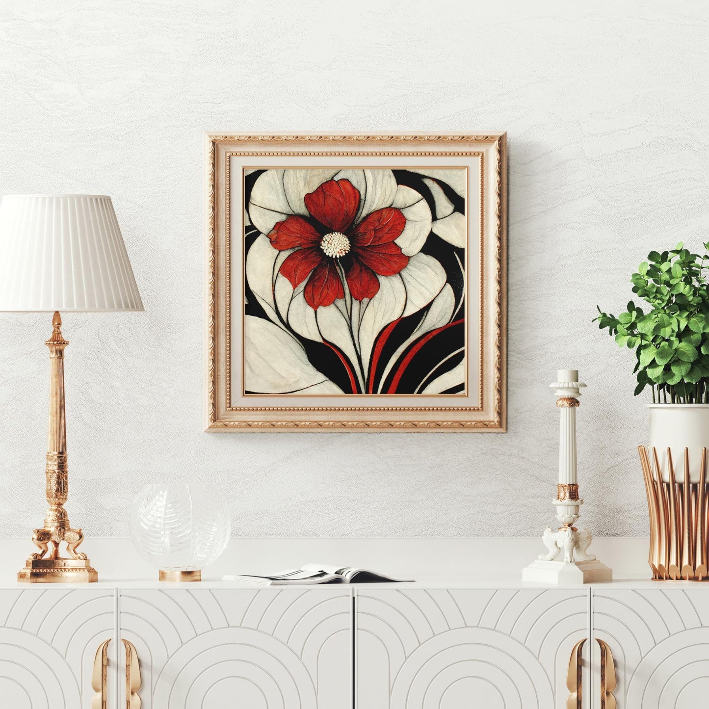 Tropical Flower Art Nouveau Tile, Beautiful Black and Red Art Deco Home Decor, Unique Gift for Art Lovers