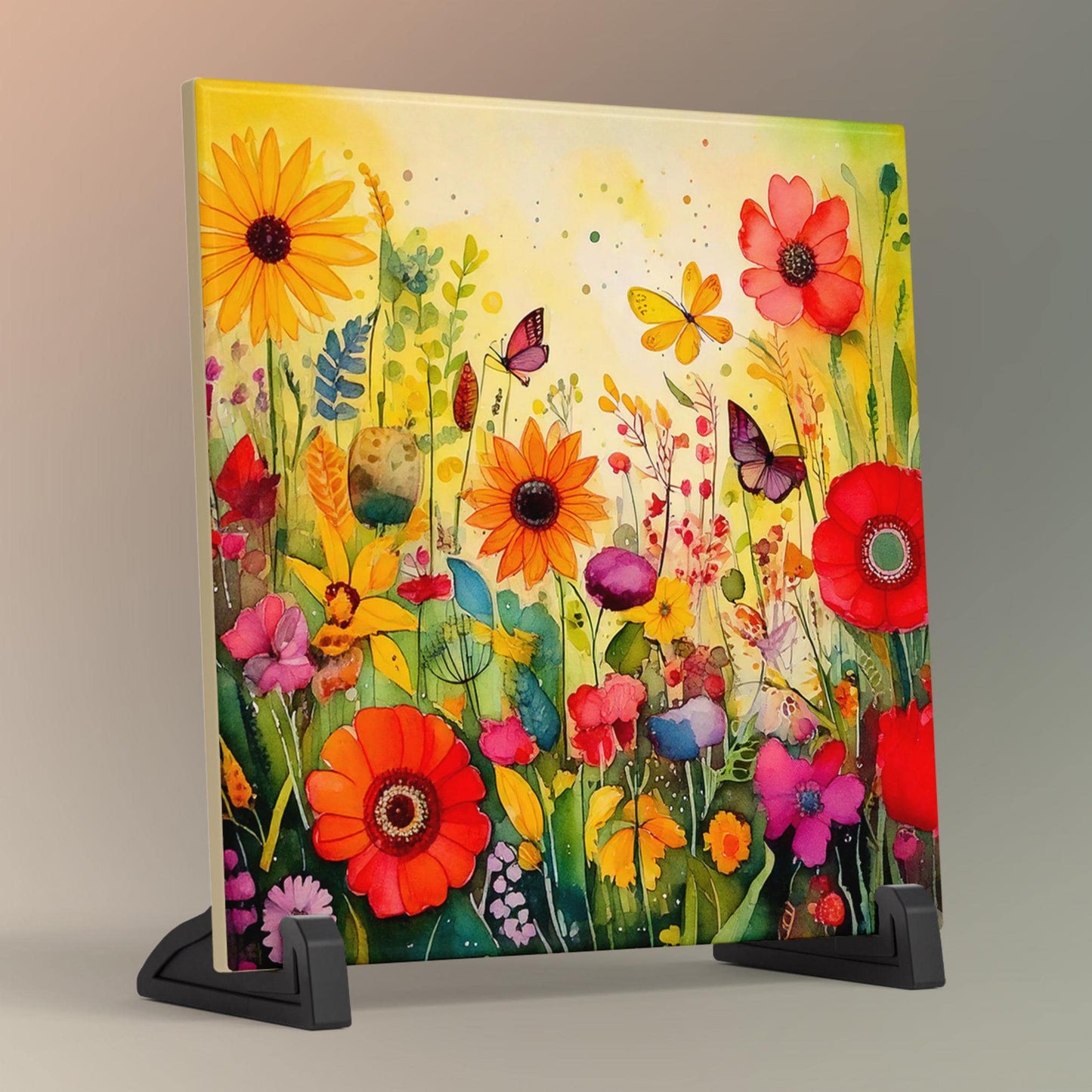 Wildflower and Butterflies Ceramic Art Tile | Wall Decor | Spring Home Decor | Floral Art | Whimsical Flowers | Wall Tile | Gift for Mom