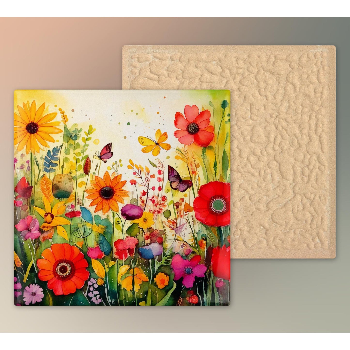 Wildflower and Butterflies Ceramic Art Tile | Wall Decor | Spring Home Decor | Floral Art | Whimsical Flowers | Wall Tile | Gift for Mom