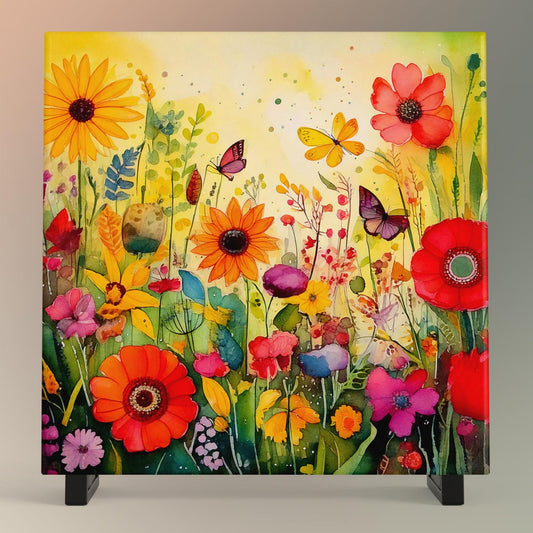 Wildflower and Butterflies Ceramic Art Tile | Wall Decor | Spring Home Decor | Floral Art | Whimsical Flowers | Wall Tile | Gift for Mom