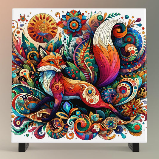 Art Nouveau Fox Ceramic Art Tile, Beautiful Fox in a Whimsical Forest, Art Deco Wall Print, Vintage Fox Art, Ready to Display