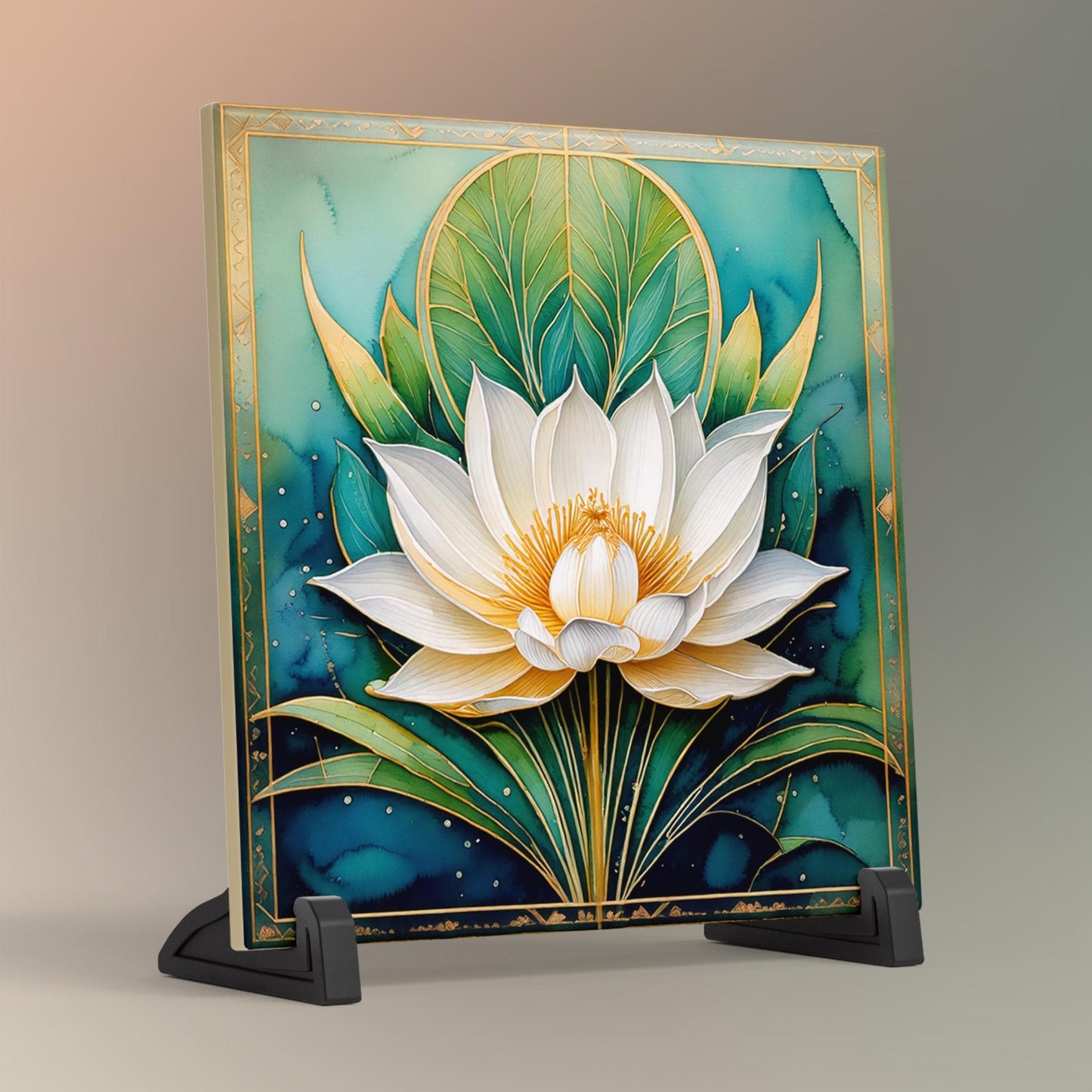 White Lotus Flower Ceramic Tile Art, Elegant Flower Wall Decor for Yoga & Meditation, Spiritual Mindfulness Gift