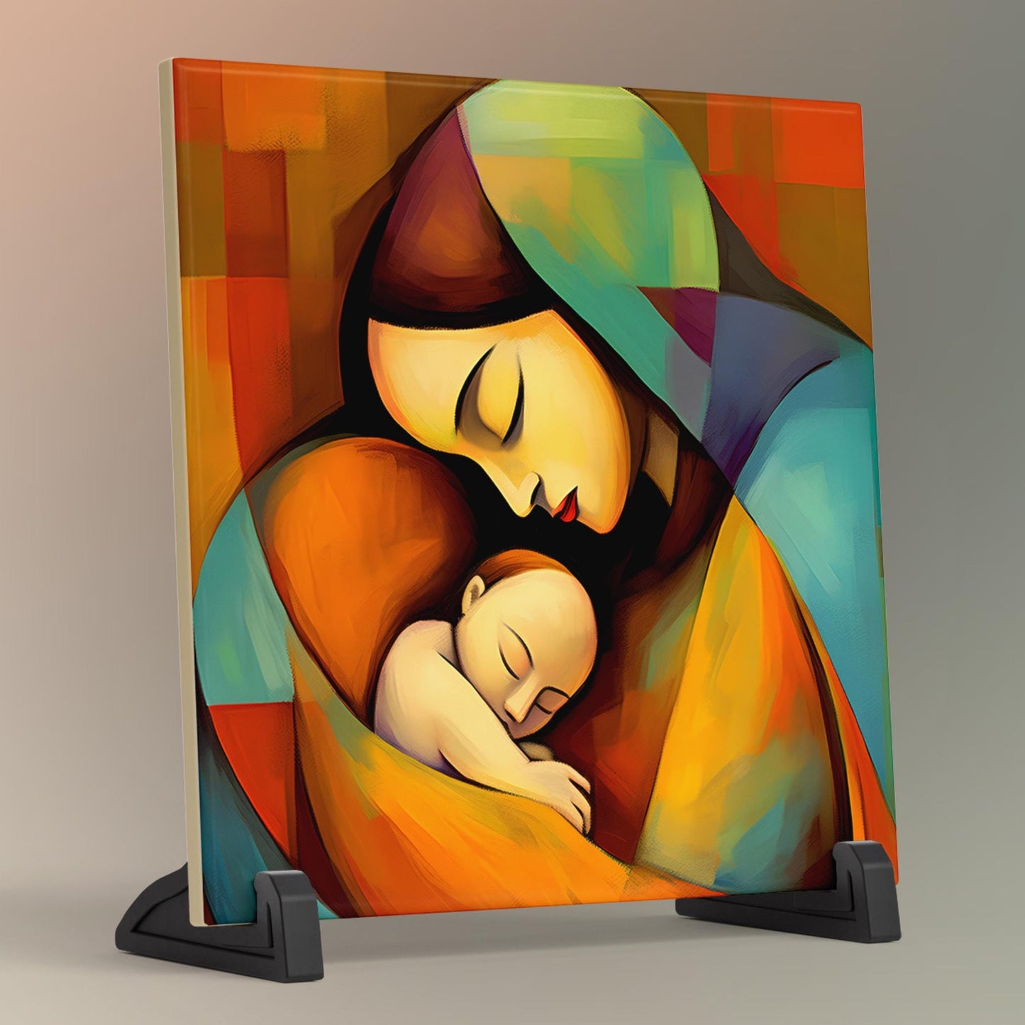 Madonna and Child Ceramic Tile Art, Picasso Style Modern Art Print,  Spiritual Home Decor,  Mother's Day Gift, Virgin Mary Art, Catholic Art