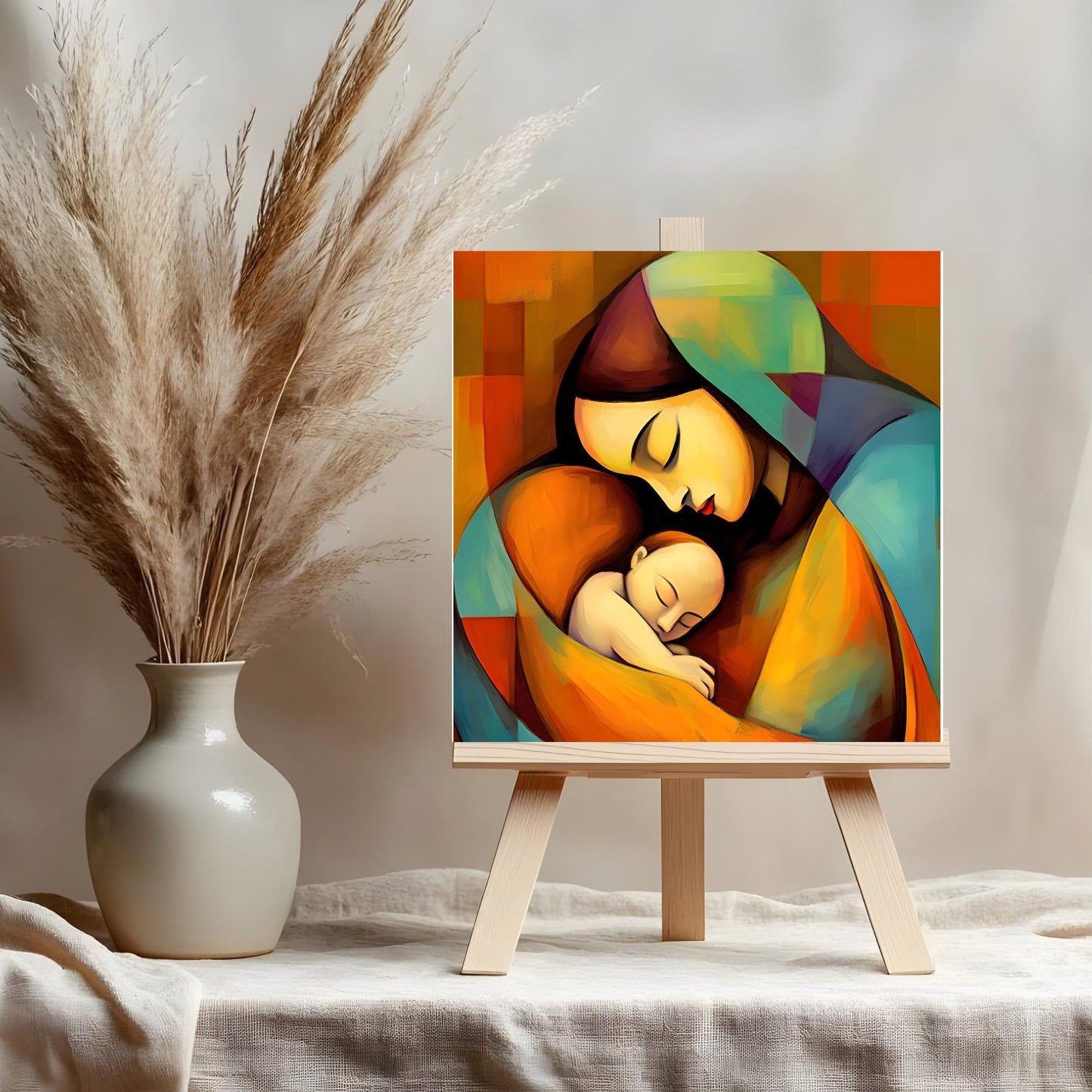 Madonna and Child Ceramic Tile Art, Picasso Style Modern Art Print,  Spiritual Home Decor,  Mother's Day Gift, Virgin Mary Art, Catholic Art