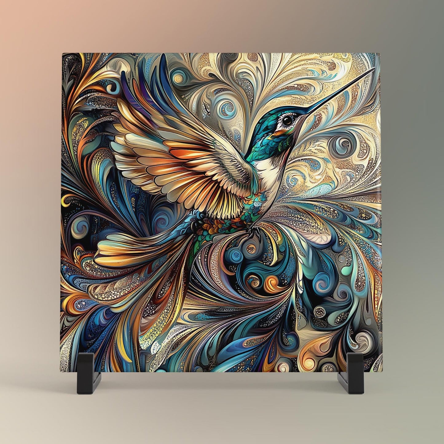 Art Nouveau Hummingbird Ceramic Tile - Unique Nature Lovers Decor - Minimalist Wall Hanging for Gift Giving - Artisan Home Wall Tiles