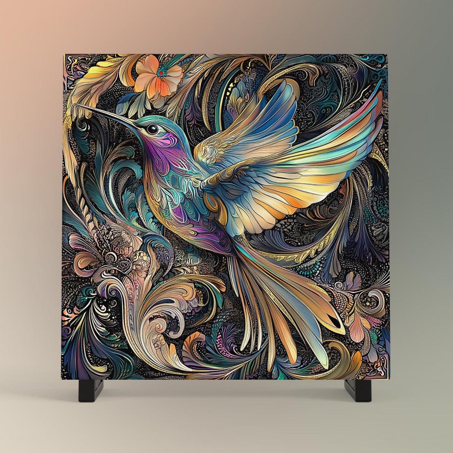 Hummingbird Art Ceramic Tile, Art Nouveau Style, Unique Nature Lovers Decor for Artisan Wall Art, Perfect for Bird Enthusiasts, Art Deco