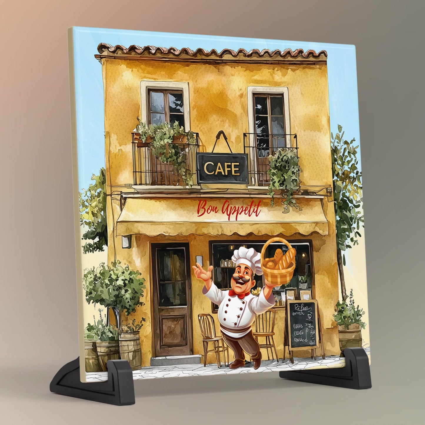 Bon Appetite Cafe Art Tile, Stylish Outdoor Cafe Decor, Unique Kitchen Gift for Food Lovers and Chefs