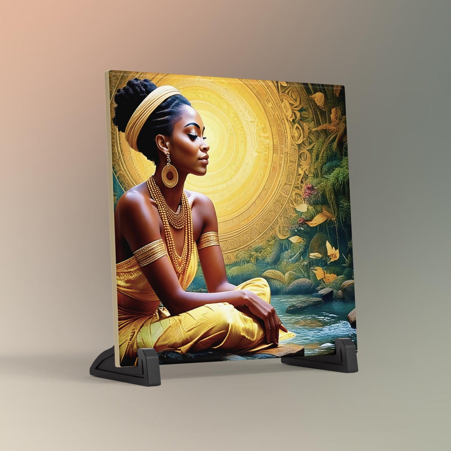 Black Woman Meditation Ceramic Tile | Elegant Mindfulness & Yoga Wall Decor | Spiritual Ceramic Art Tile | Zen | Namaste | African Art