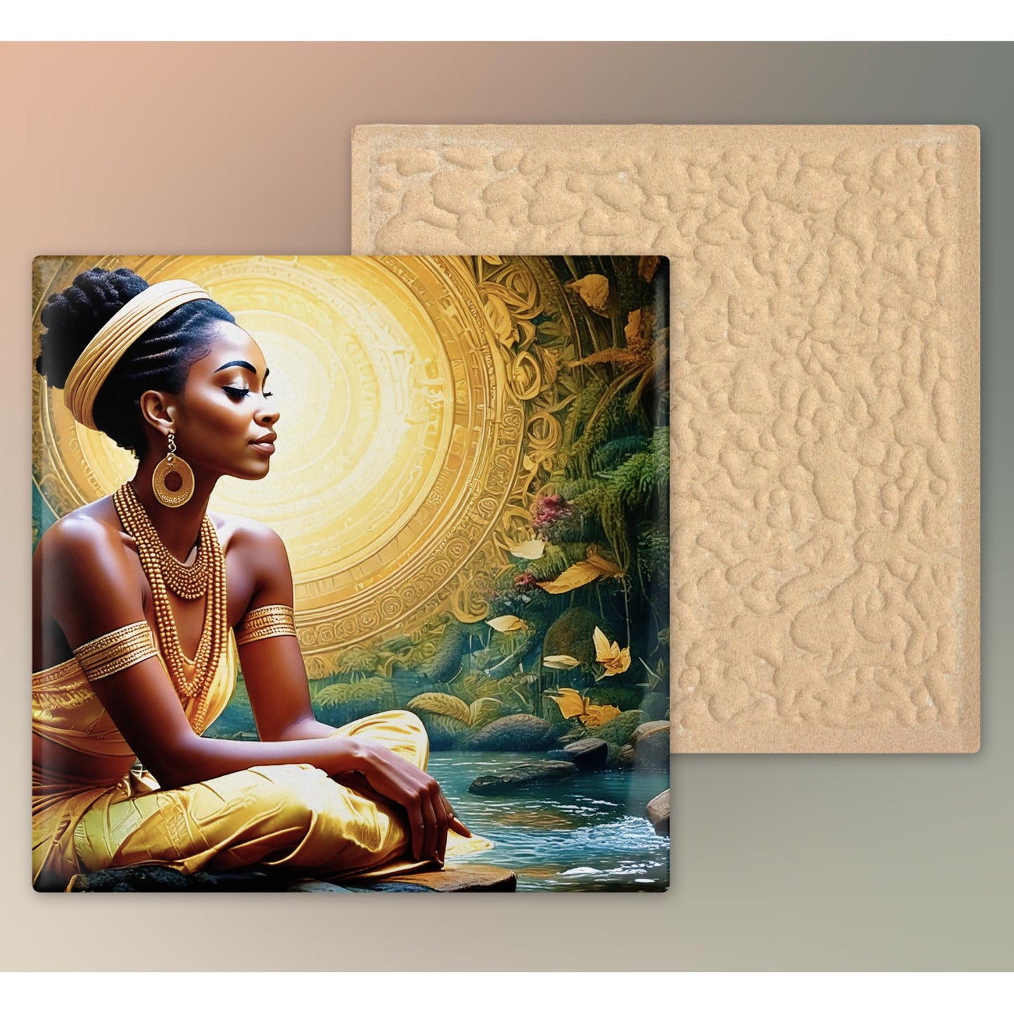 Black Woman Meditation Ceramic Tile | Elegant Mindfulness & Yoga Wall Decor | Spiritual Ceramic Art Tile | Zen | Namaste | African Art
