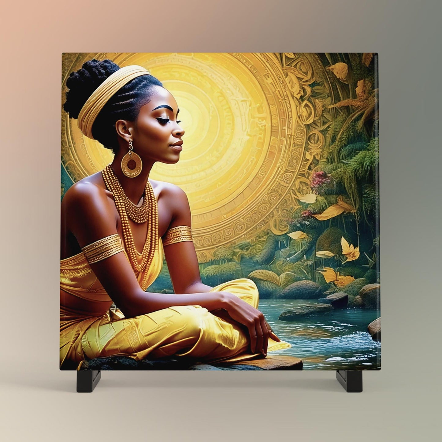 Black Woman Meditation Ceramic Tile | Elegant Mindfulness & Yoga Wall Decor | Spiritual Ceramic Art Tile | Zen | Namaste | African Art