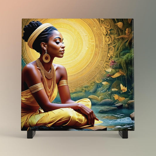 Black Woman Meditation Ceramic Tile | Elegant Mindfulness & Yoga Wall Decor | Spiritual Ceramic Art Tile | Zen | Namaste | African Art
