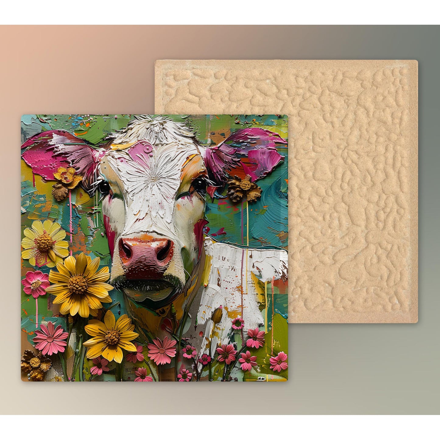 Whimsical Cow Ceramic Art on Tile, Folk Art Animal Decor, Farmhouse Style Print