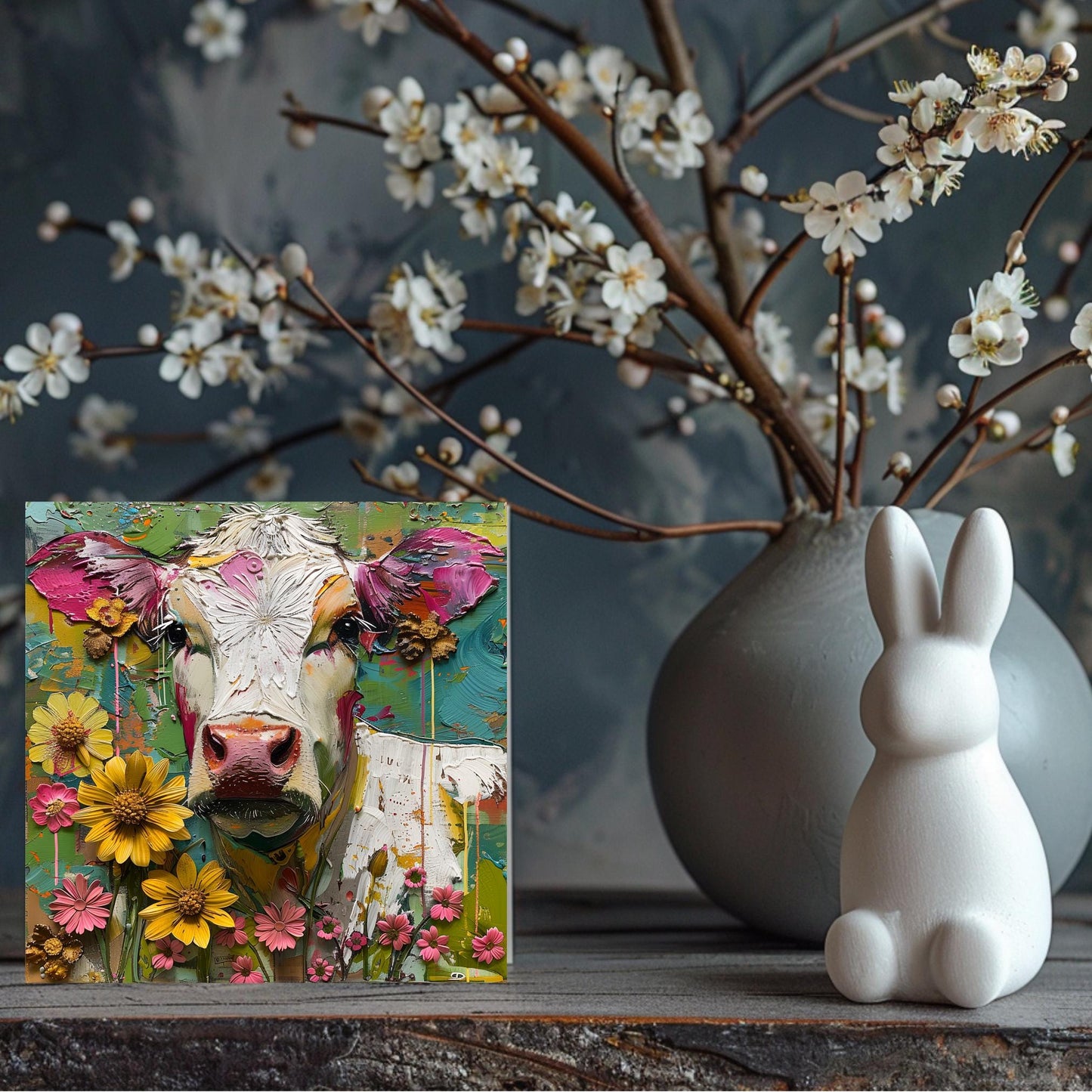 Whimsical Cow Ceramic Art on Tile, Folk Art Animal Decor, Farmhouse Style Print