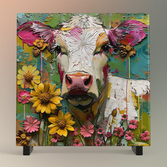 Whimsical Cow Ceramic Art on Tile, Folk Art Animal Decor, Farmhouse Style Print