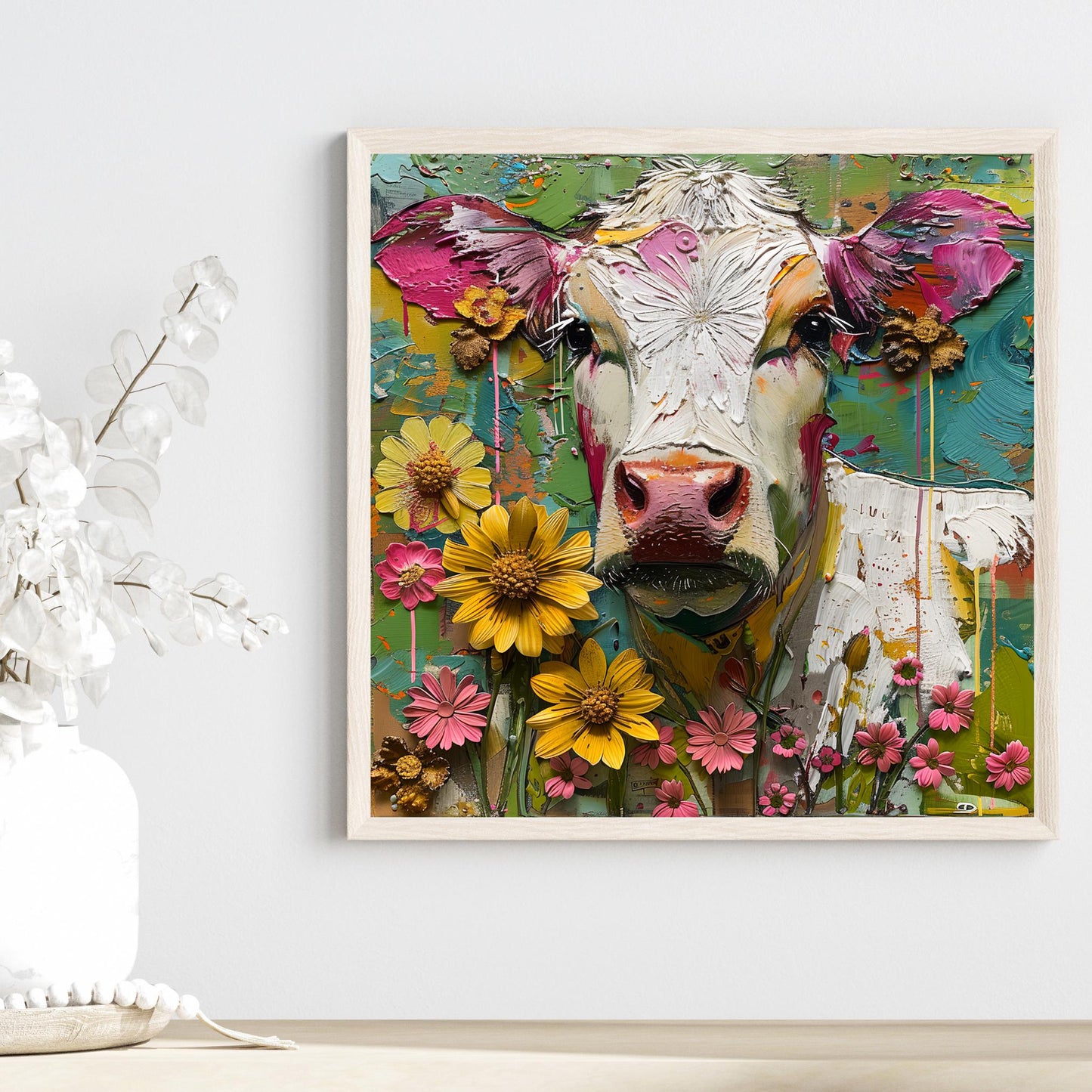 Whimsical Cow Ceramic Art on Tile, Folk Art Animal Decor, Farmhouse Style Print