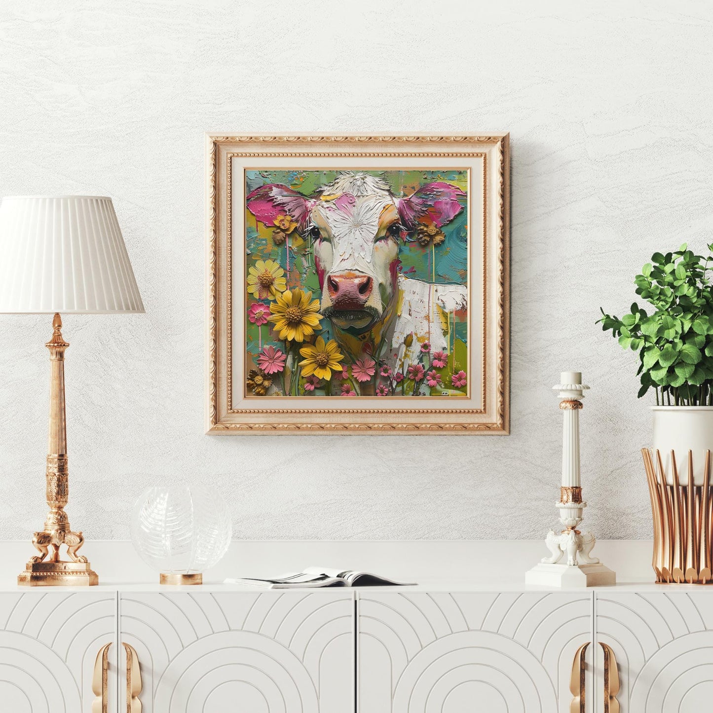 Whimsical Cow Ceramic Art on Tile, Folk Art Animal Decor, Farmhouse Style Print