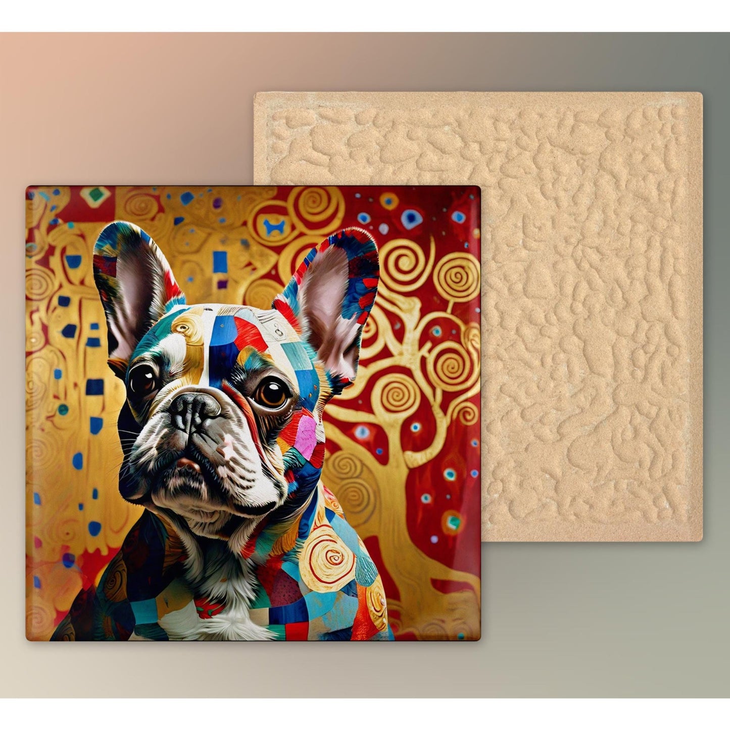 Klimt Inspired French Bulldog Art Tile - Vibrant Art Print - Pet Lovers Decorative Wall Decor - Gallery Wall Art - Ready to Display