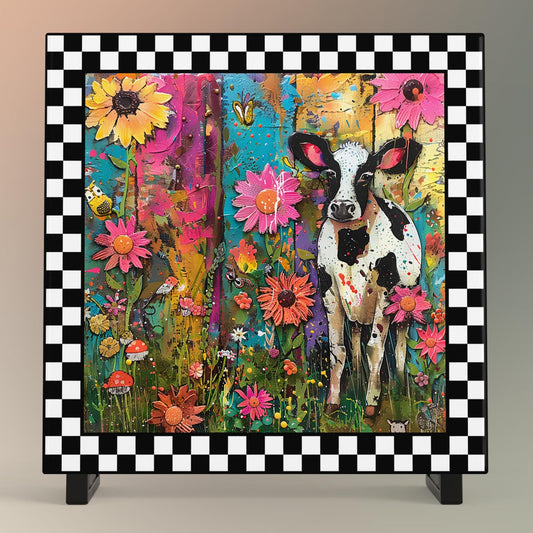 Quirky Black and White Cow Ceramic Art on Tile, Folk Art Animal Decor, Farmhouse Style Print