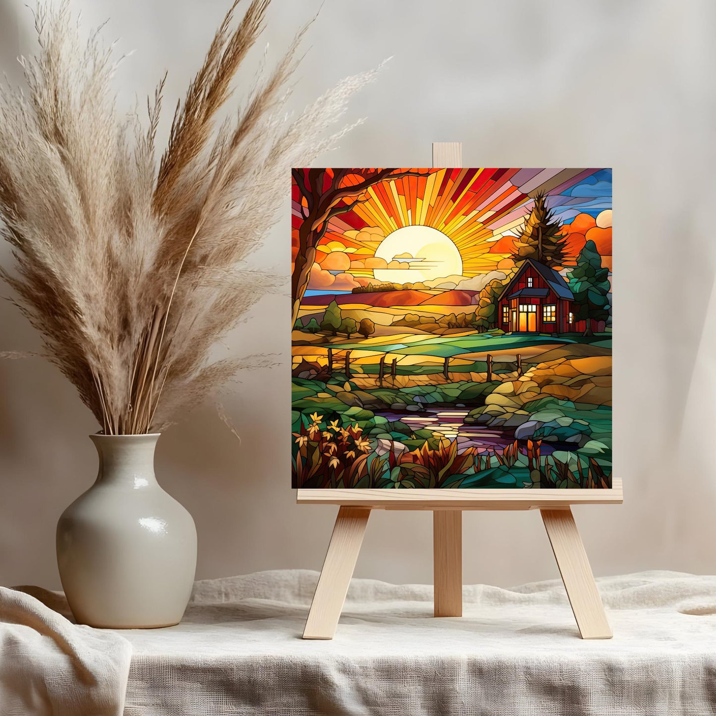 Farmhouse Sunrise Ceramic Tile, Stained Glass Style Wall Art for Unique Home Decor, Nature Inspired Gift for Garden Lovers