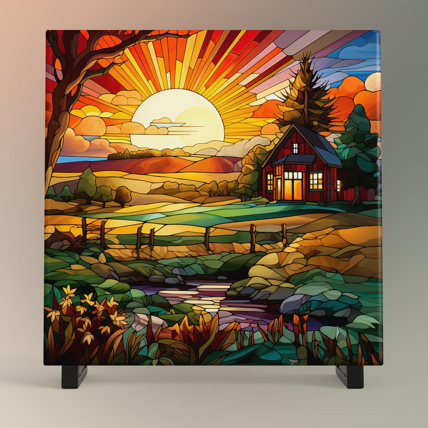 Farmhouse Sunrise Ceramic Tile, Stained Glass Style Wall Art for Unique Home Decor, Nature Inspired Gift for Garden Lovers