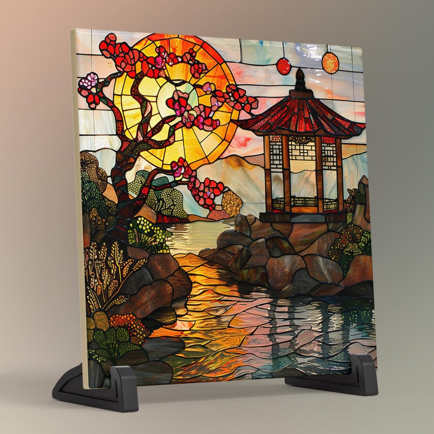 Japanese Garden Ceramic Tile, Stained Glass Style Wall Art for Unique Home Decor, Nature Inspired Gift for Garden Lovers