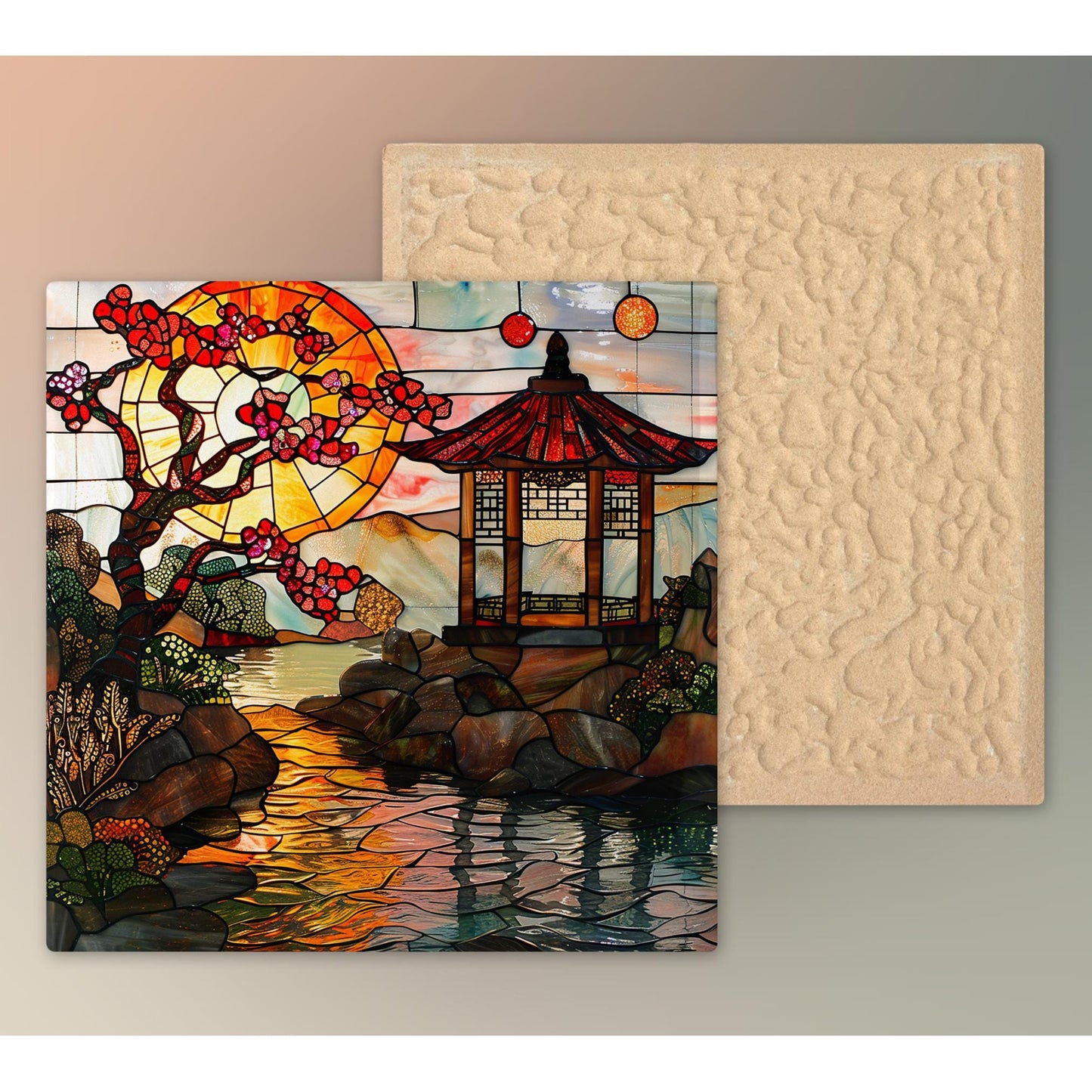 Japanese Garden Ceramic Tile, Stained Glass Style Wall Art for Unique Home Decor, Nature Inspired Gift for Garden Lovers