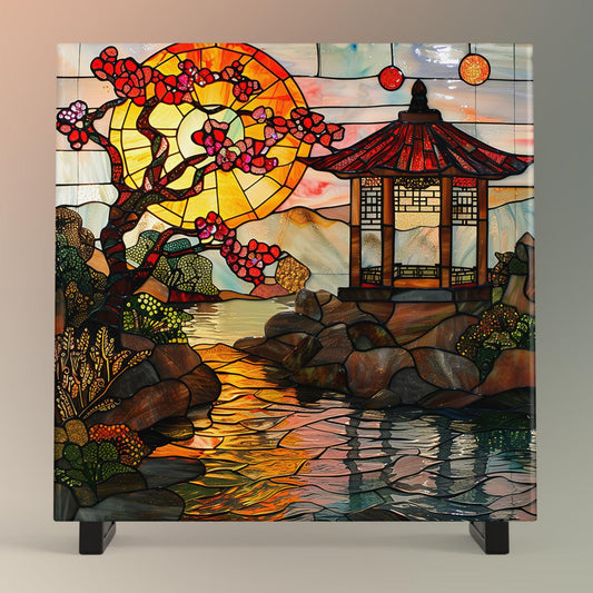Japanese Garden Ceramic Tile, Stained Glass Style Wall Art for Unique Home Decor, Nature Inspired Gift for Garden Lovers