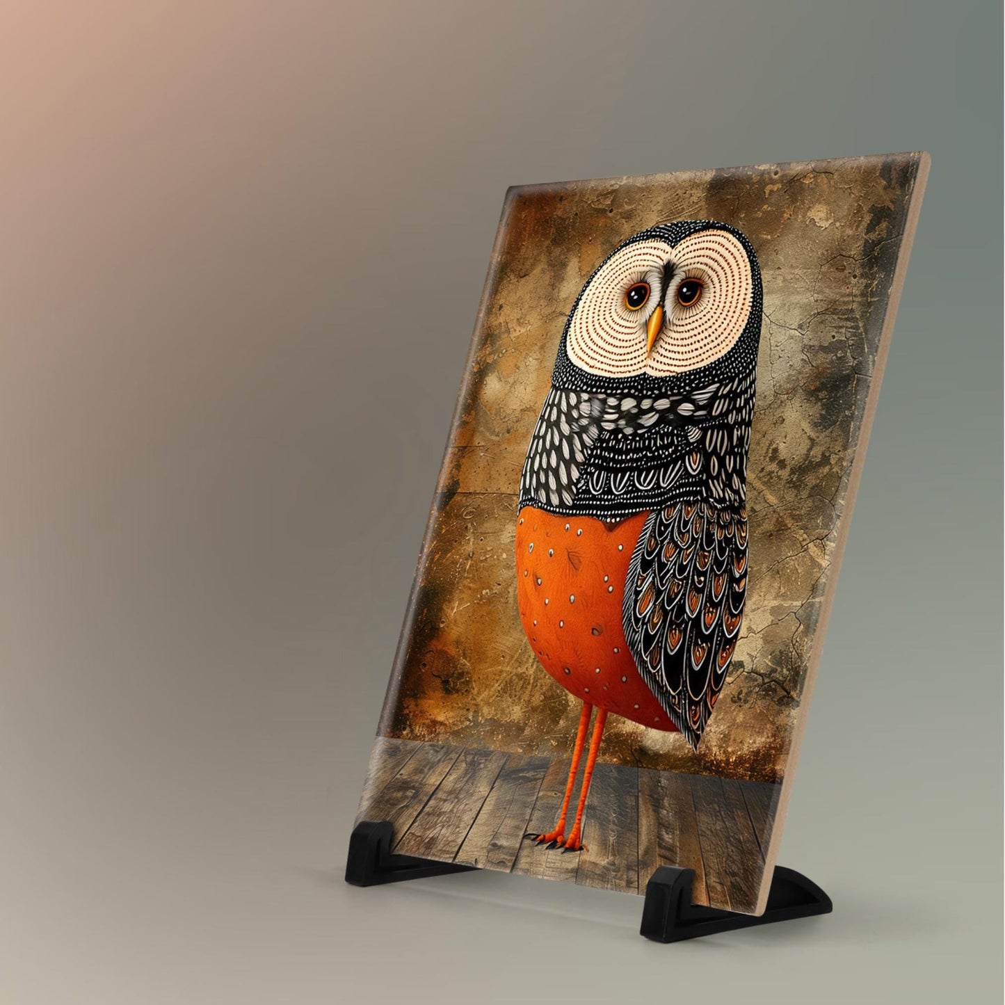 Whimsical Owl Folk Art Ceramic Tile  - Unique Nature Lovers Decor - Minimalist 8x10"  Wall Hanging for Gift Giving - Artisan Home Wall Tiles