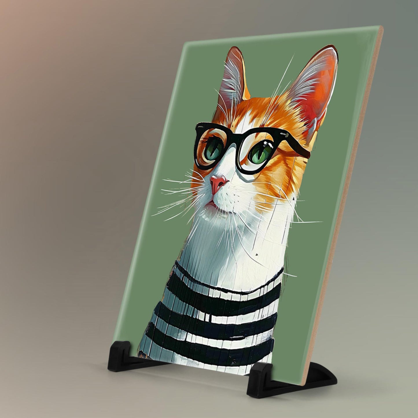 Smarty Cat Ceramic Wall Tile | Adorable Cat with Glasses Decor | 8x10" |Perfect Minimalist Home Accent | Gift for Cat Enthusiasts